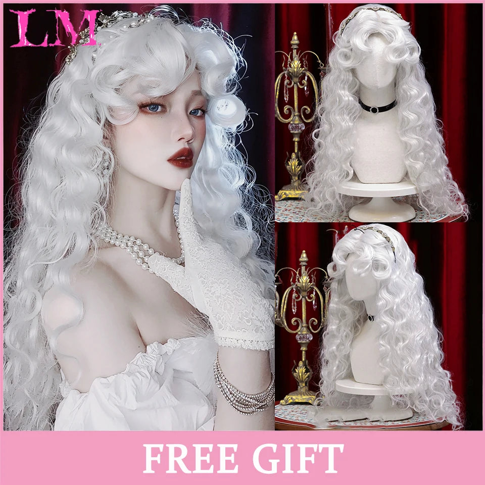 LM Cosplay Wig With Bangs Synthetic Straight Hair Wigs 24 Inch Long Heat-Resistant Pink Hair Style For Women