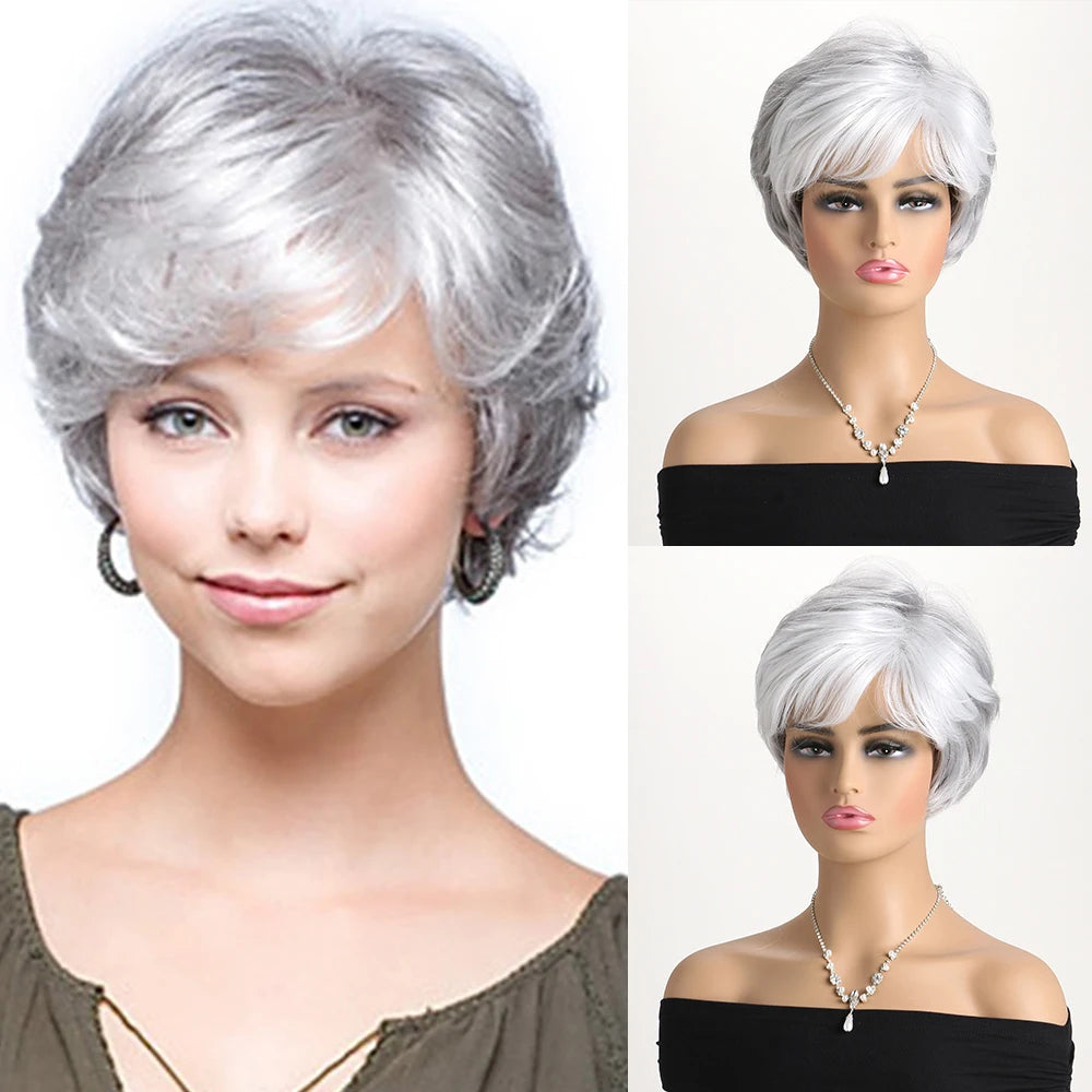 Short Natural Wigs with Bangs Soft Mommy Hair Daily Use Short  Grey Ombre Curly Synthetic Hair Costume Party Wig for Women