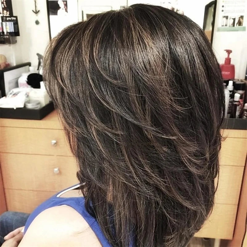 HAIRJOY Dark Gray Ombre Layered Wigs with  Bangs for Black Women Synthetic Hair Style Short Gray Highlight Straight  Layered Bob Wig