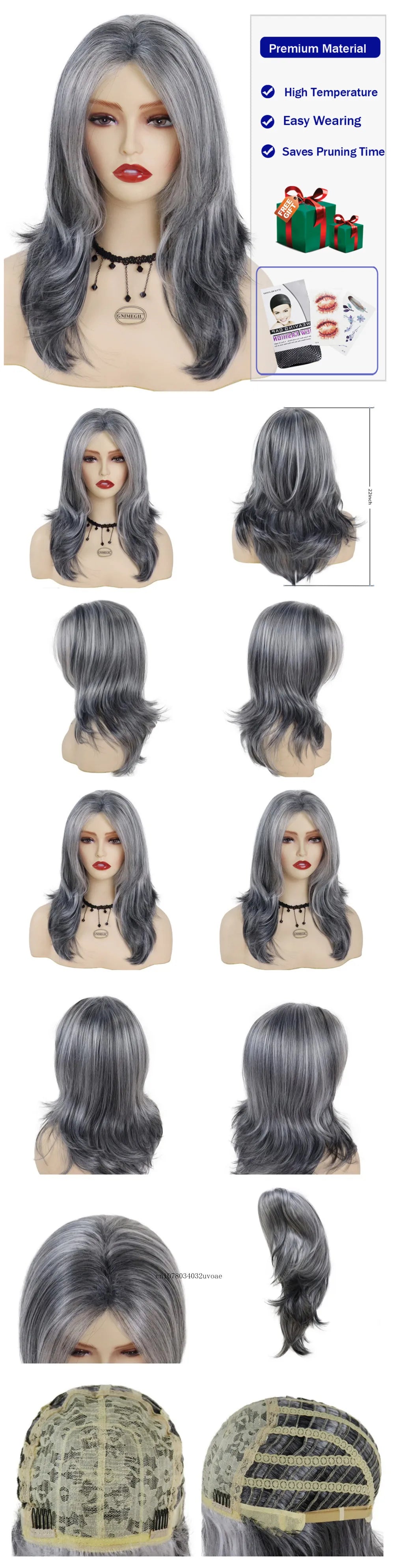 Synthetic Salt and Pepper Wigs with Curtain Bangs Long Hair Style Wig Natural Mix Silver Gray Wigs for White Women Halloween Costume