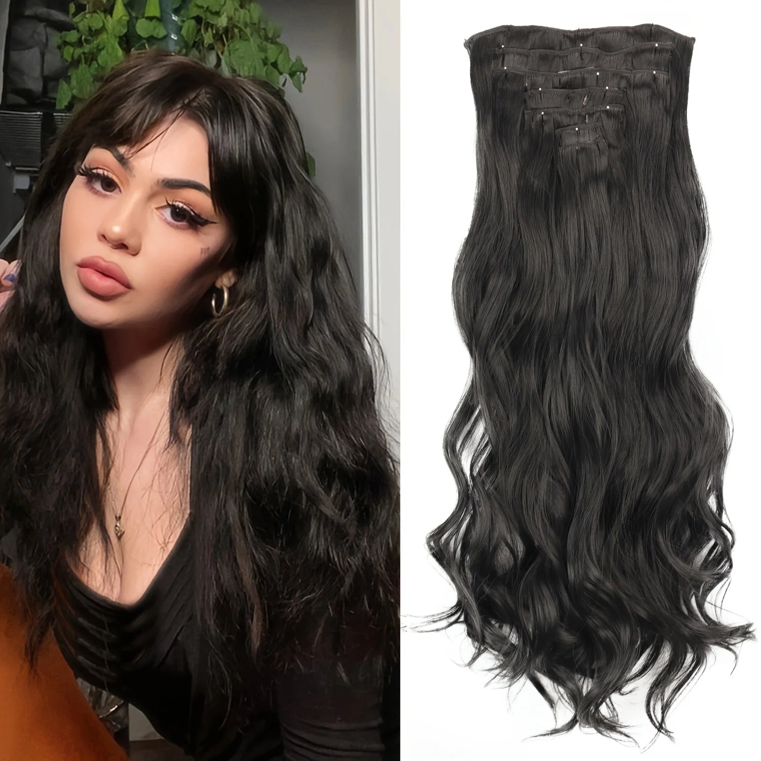 7Pcs/Set 16 Clips Wig Hair Accessories Extension Black Long Straight Natural Hair Wigs Ombre Hairpiece Heat Resistant Fiber For Women Hair Style