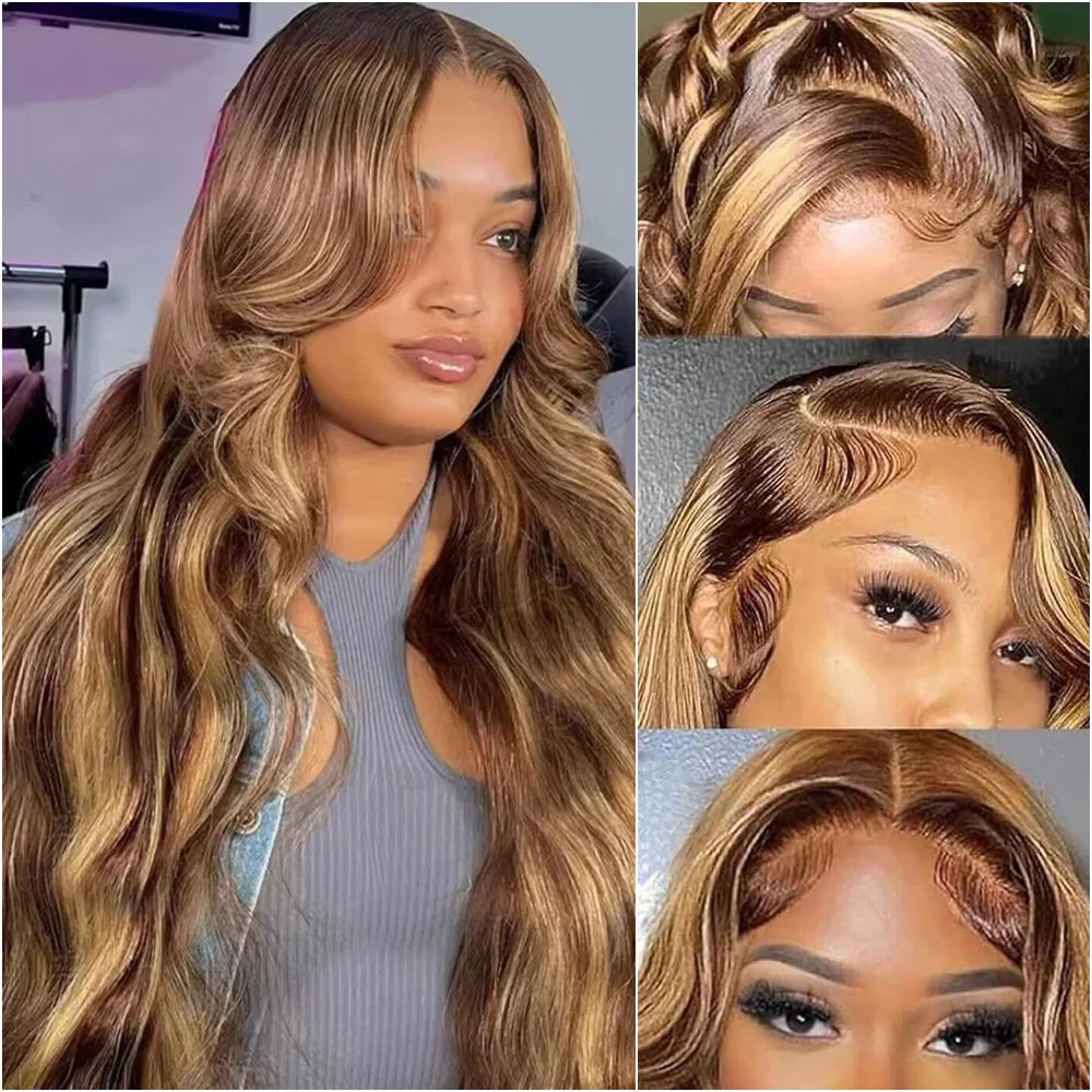 P4/27 Highlight Wig Honey Blonde Colored Body Wave Human Hair Wigs 13x6 HD Frontal Human Hair Style Wigs for Women Pre Plucked 30 40 Inches