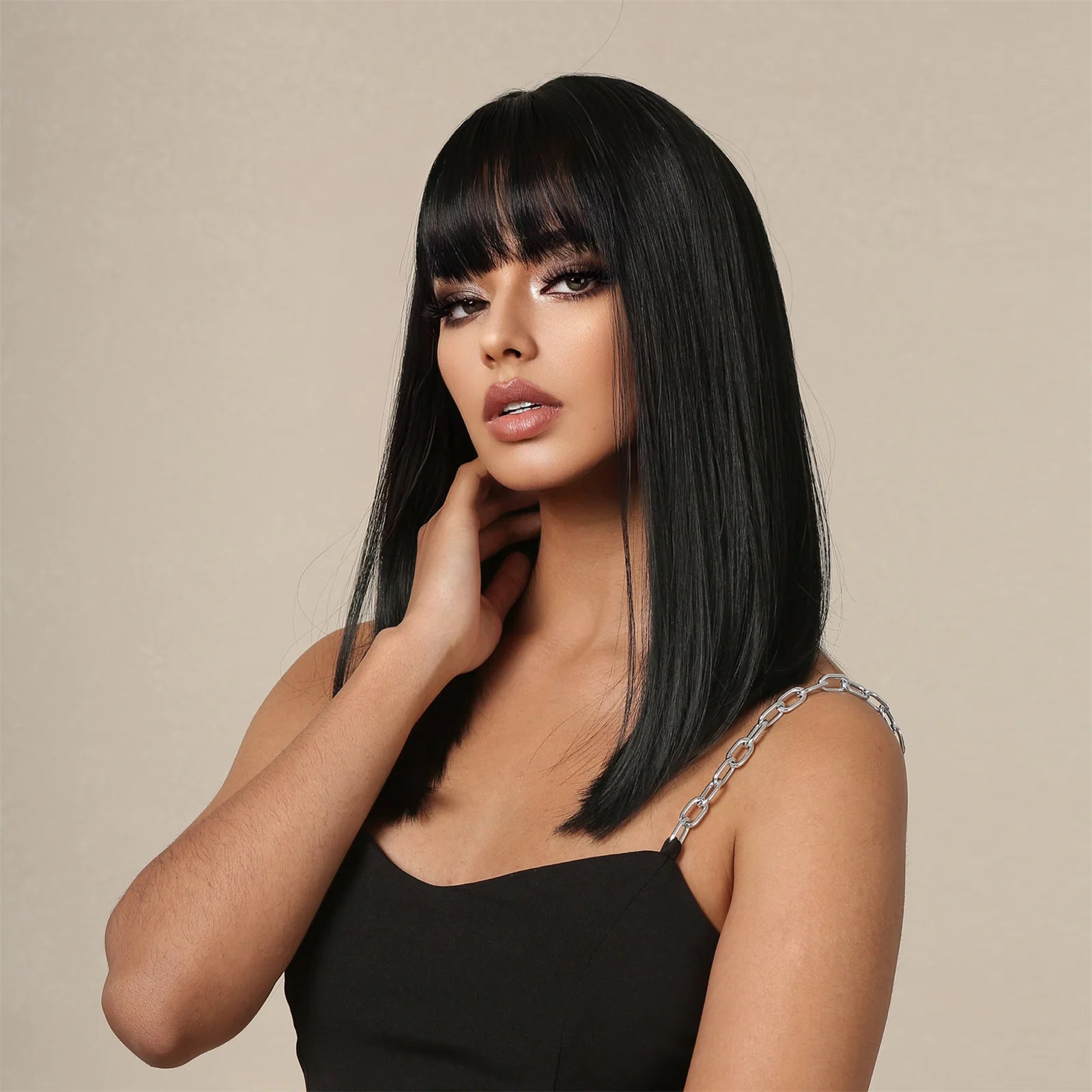 Straight Black Bob Synthetic Wig with Bangs Medium Long Cosplay Layered Hair Wigs for Woman Natural Hair Daily Wigs Hair Style Heat Resistant
