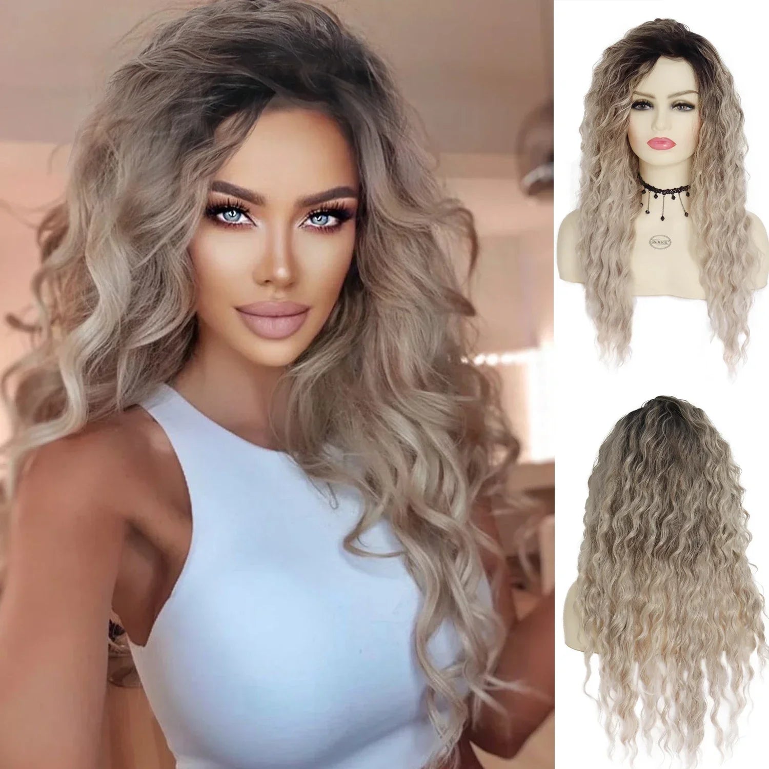 Womens Wig Long Synthetic Hair Ombre Blonde Curly Hair Wigs Female Natural Wavy Drag Queen Regular Wig 80s Gradient Hair Style Wigs for Student