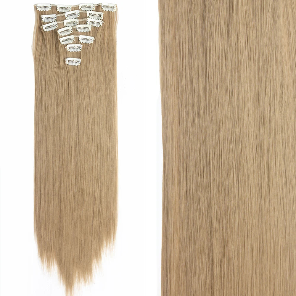 7Pcs/Set 16 Clips Wig Hair Accessories Extension Black Long Straight Natural Hair Wigs Ombre Hairpiece Heat Resistant Fiber For Women Hair Style