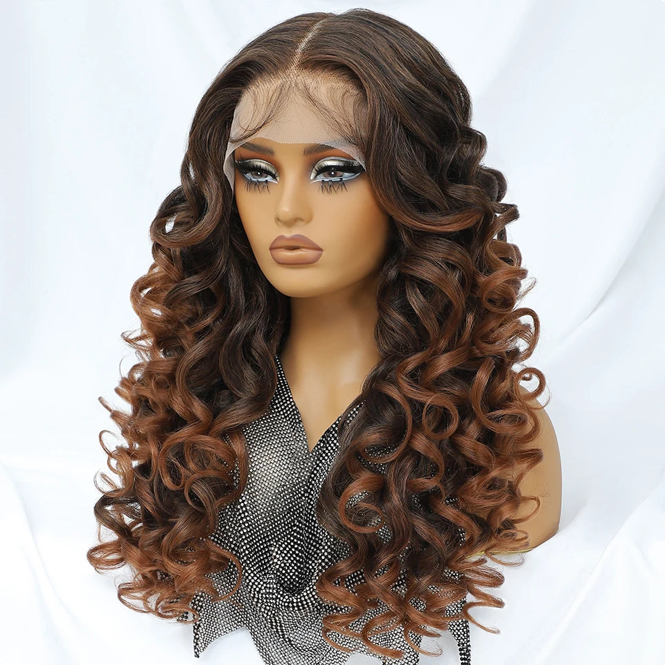 Latisha HD Synthetic Lace Front Wigs Curly Pre Plucked Lace Frontal Wig with Bangs for Women Highlight with Babyhair 24Inch Wigs