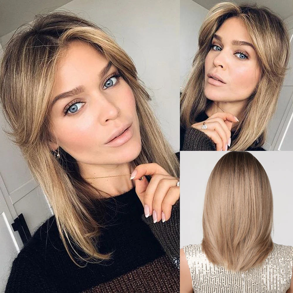 Short Layered Synthetic Wig Ombre Brown Medium Length Straight Natural Looking Hair Wigs with Bangs Heat Resistant Hair Style for Women Daily Use