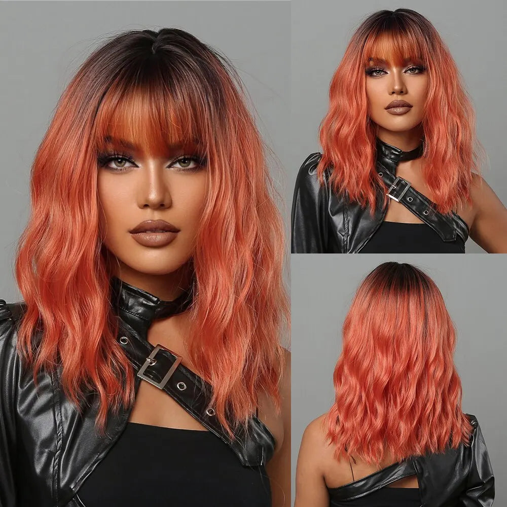 Women Grey Wavy Bob Wigs with Bangs Short Blonde Ombre Synthetic Hair Wigs With with Dark Roots Natural Hair Style for Women Daily Use