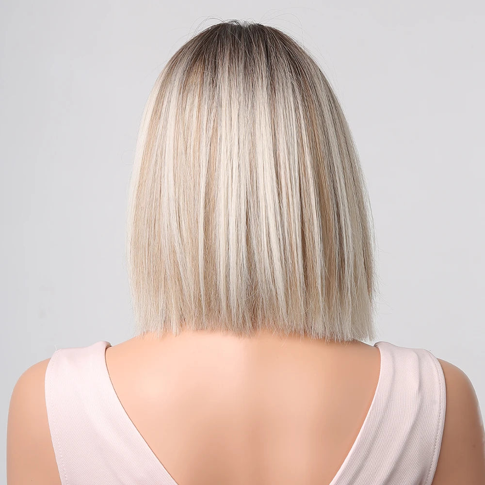 Brown Blonde Ombre Synthetic Hair Wigs Short Straight Bob Wig for Women Middle Part Lolita Cosplay Natural Hair Heat Resistant Fiber