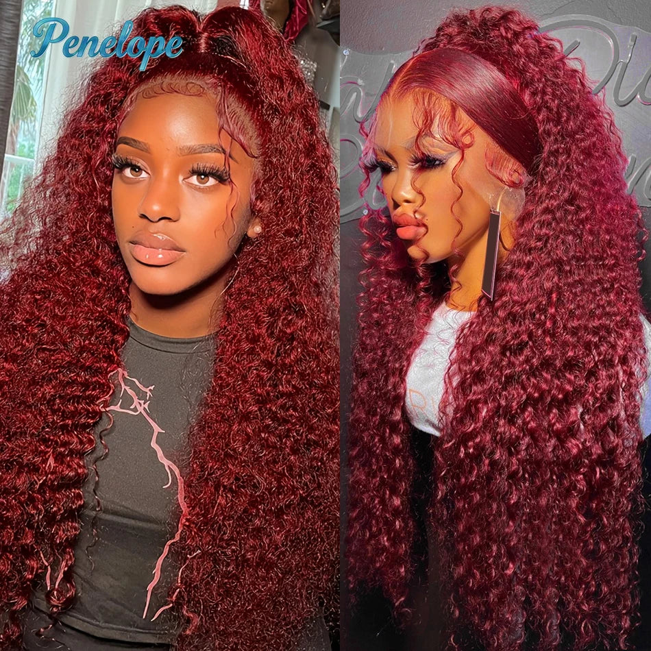 200% Density 99J 13x4 HD Lace Front Human Hair Style Wigs Burgundy 30 40 Inch Deep Wave Curly Glueless Lace Frontal Closure Wig
