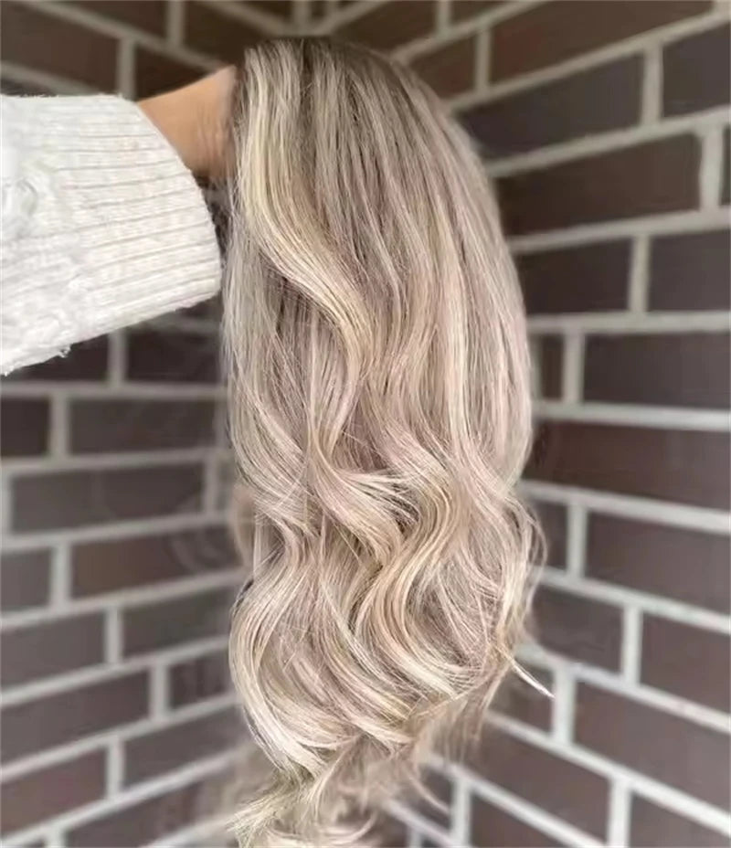 Invisible Transparent Lace Ombre Platinum Blonde Wig with Dark Roots Party Wigs Lace Front Wig Synthetic HD Wigs For Women 20 inch
