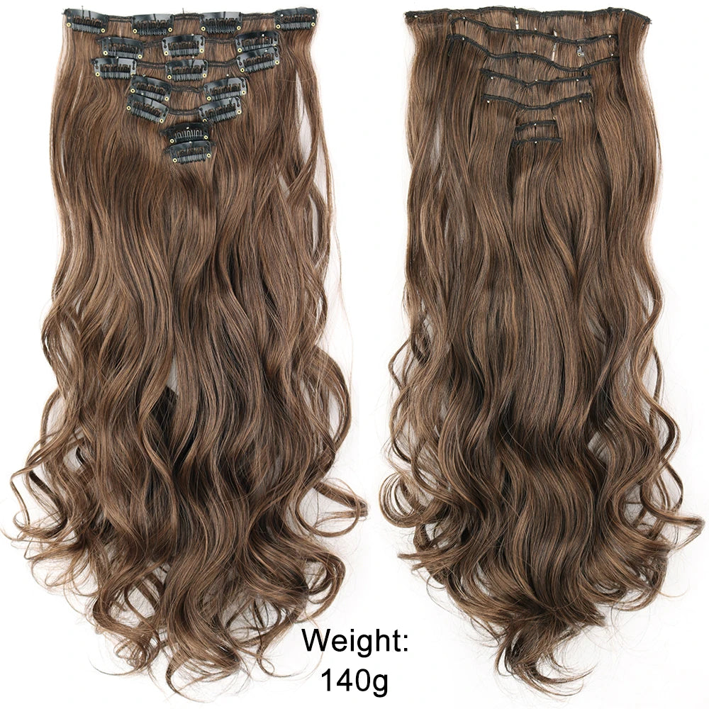 7Pcs/Set 16 Clips Wig Hair Accessories Extension Black Long Straight Natural Hair Wigs Ombre Hairpiece Heat Resistant Fiber For Women Hair Style