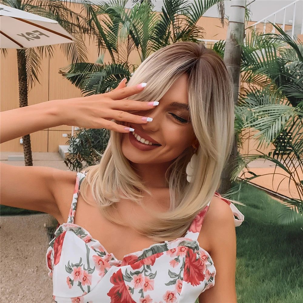 ALAN EATON Layered Synthetic Wig with Bangs Straight Short Highlights Blonde Hair Wigs with for Women Daily Use