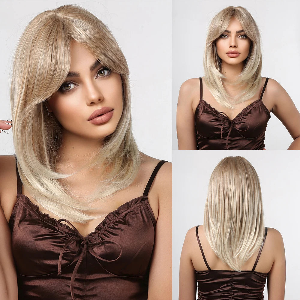 ALAN EATON Long Blonde Wig for Women Synthetic Hair Wigs with Fringe Ombre Color with Dark Roots Layered We Heat Resistant Hair Style