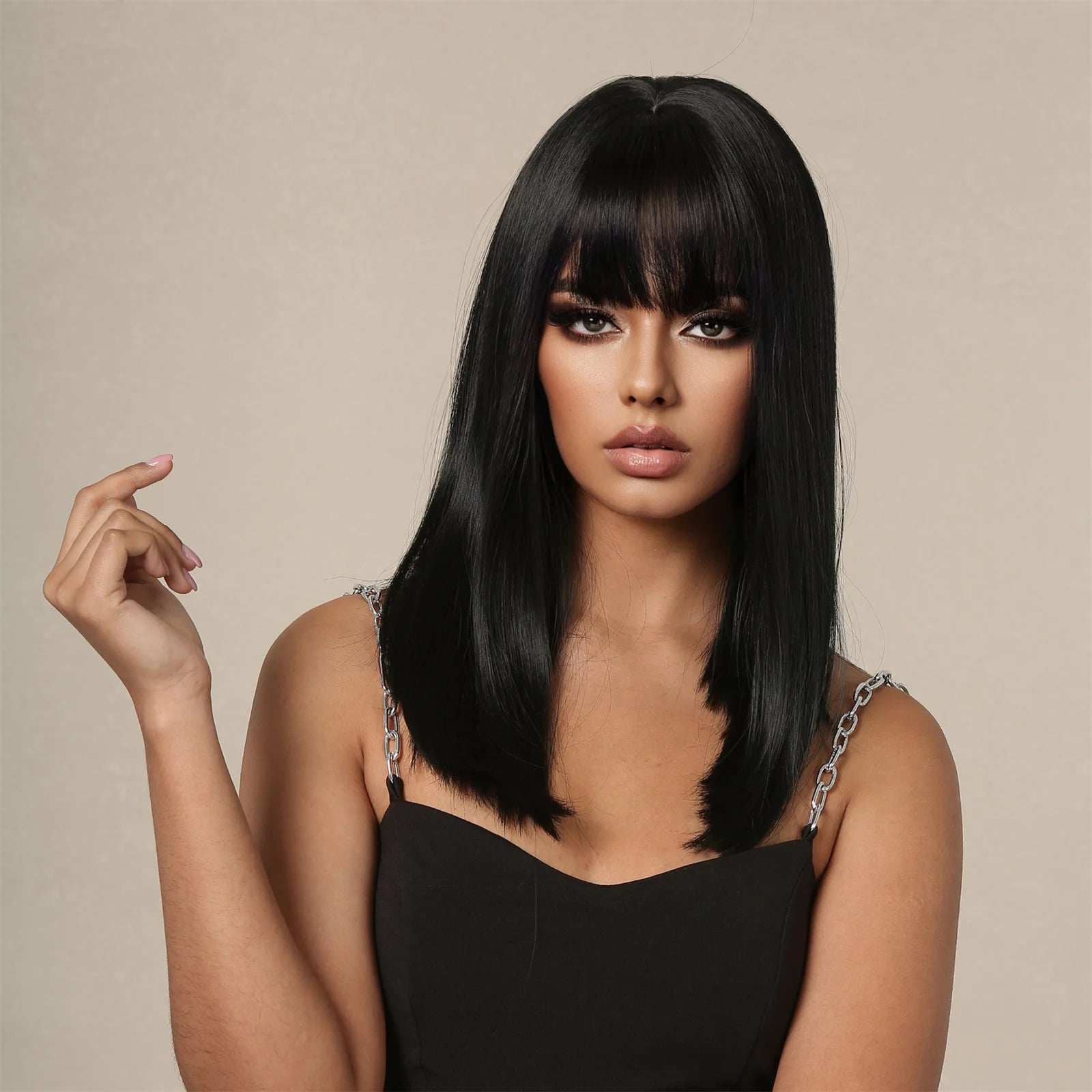 Straight Black Bob Synthetic Wig with Bangs Medium Long Cosplay Layered Hair Wigs for Woman Natural Hair Daily Wigs Hair Style Heat Resistant