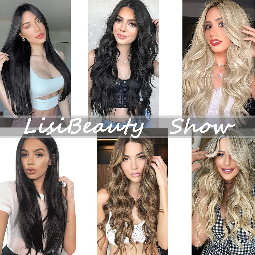 7Pcs/Set 16 Clips Wig Hair Accessories Extension Black Long Straight Natural Hair Wigs Ombre Hairpiece Heat Resistant Fiber For Women Hair Style