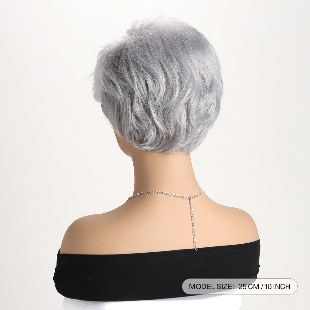 Short Natural Wigs with Bangs Soft Mommy Hair Daily Use Short  Grey Ombre Curly Synthetic Hair Costume Party Wig for Women