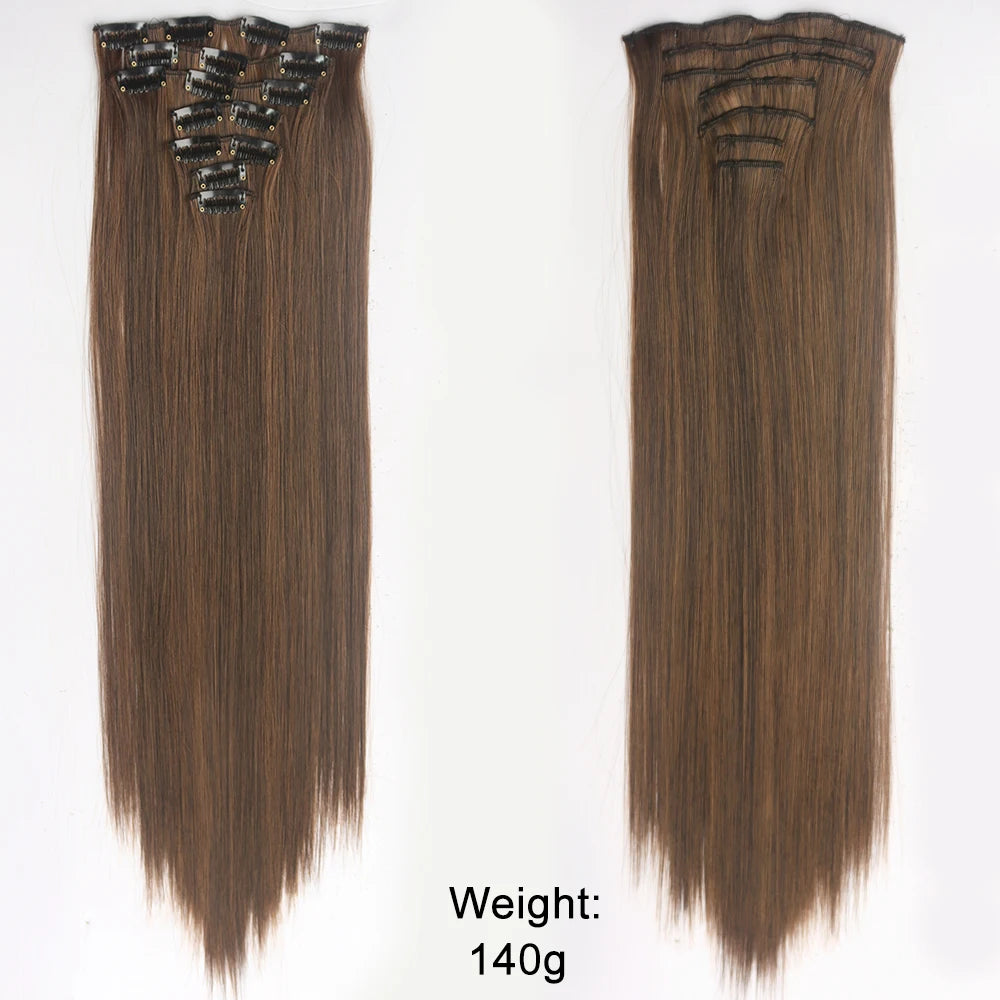 7Pcs/Set 16 Clips Wig Hair Accessories Extension Black Long Straight Natural Hair Wigs Ombre Hairpiece Heat Resistant Fiber For Women Hair Style