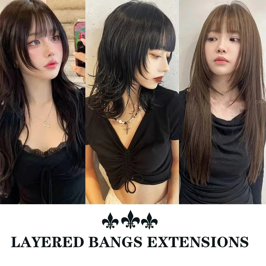 Women's Straight Synthetic Wigs Hair Extensions with Layered Bangs Side-Swept Bangs Natural-Looking Wig Hairpiece for Versatile Styling