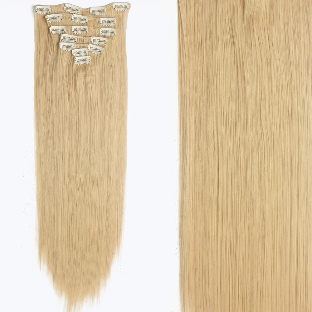 7Pcs/Set 16 Clips Wig Hair Accessories Extension Black Long Straight Natural Hair Wigs Ombre Hairpiece Heat Resistant Fiber For Women Hair Style