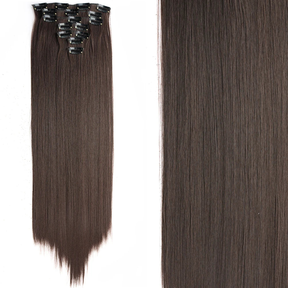 7Pcs/Set 16 Clips Wig Hair Accessories Extension Black Long Straight Natural Hair Wigs Ombre Hairpiece Heat Resistant Fiber For Women Hair Style