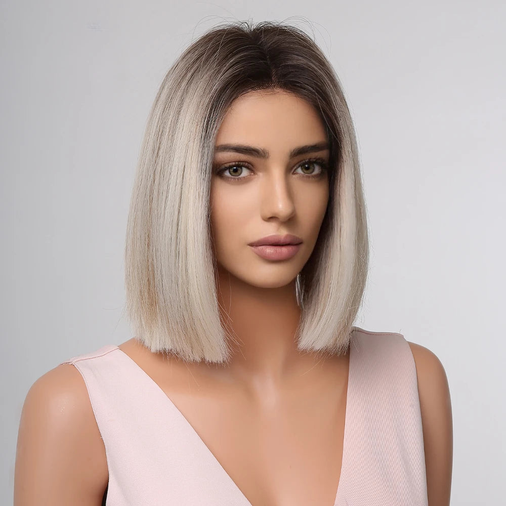 Brown Blonde Ombre Synthetic Hair Wigs Short Straight Bob Wig for Women Middle Part Lolita Cosplay Natural Hair Heat Resistant Fiber