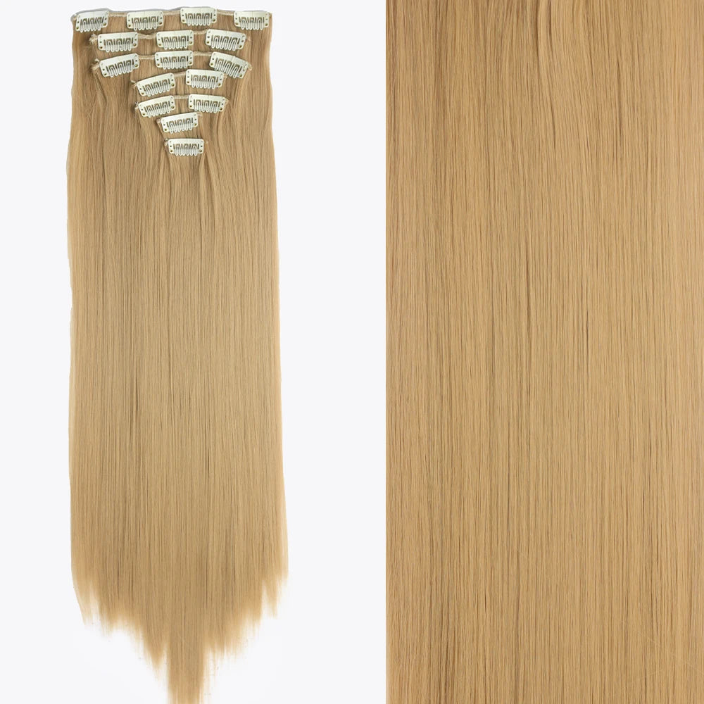 7Pcs/Set 16 Clips Wig Hair Accessories Extension Black Long Straight Natural Hair Wigs Ombre Hairpiece Heat Resistant Fiber For Women Hair Style