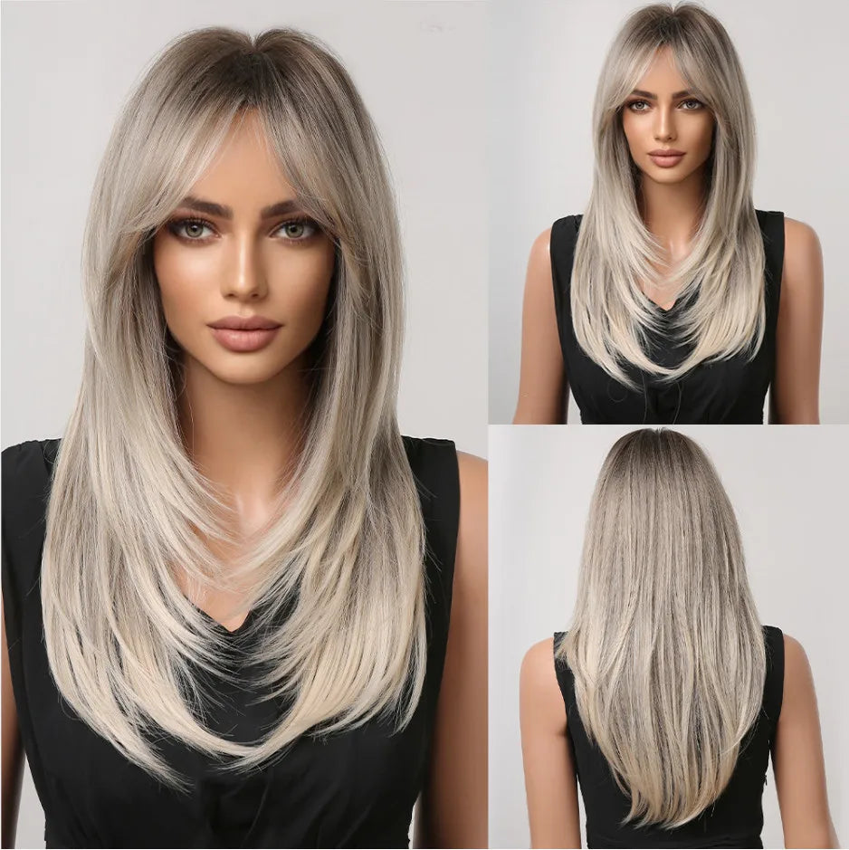 ALAN EATON Long Brown Highlight Synthetic Wig Layered Straight Hair Style Wigs Realistic Fake Hair for Daily Wear High Temperature Wigs