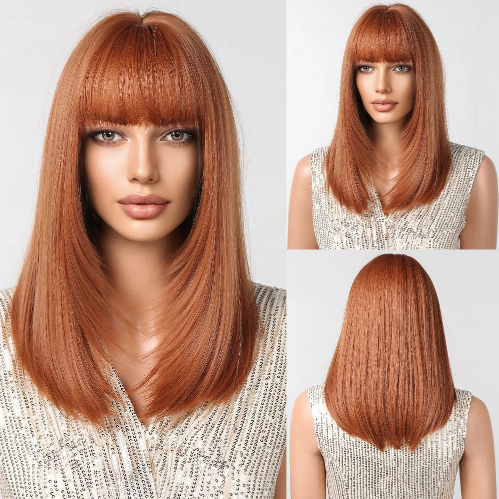 Straight Black Bob Synthetic Wig with Bangs Medium Long Cosplay Layered Hair Wigs for Woman Natural Hair Daily Wigs Hair Style Heat Resistant