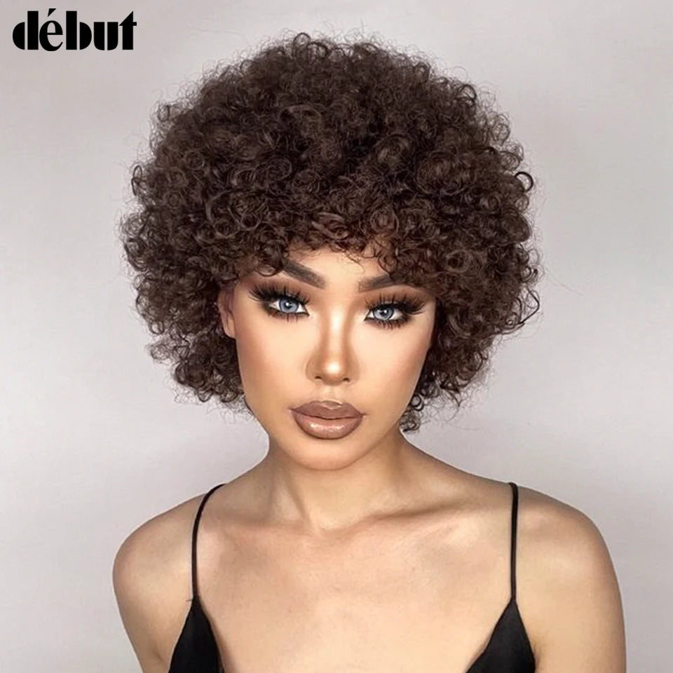 Short Pixie Afro Kinky Curly Wig Natural Brown Bob Wig with Bangs Brazilian Remy Human Hair Wigs Jerry Curly For Women
