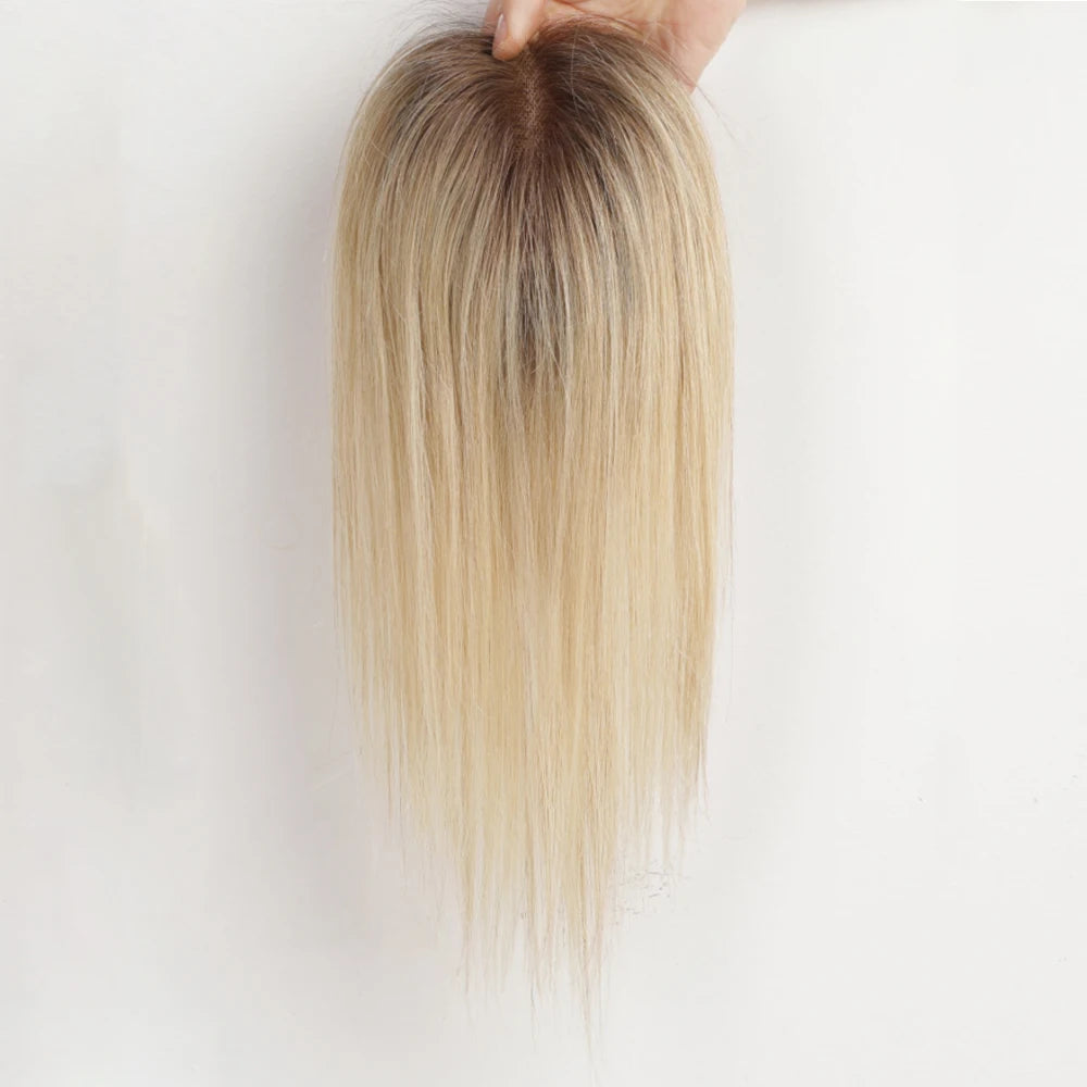 Blonde Ombre 100% Remy Human Hair Toppers Clips In Hair Lace Base Topper Hairpieces for Women Hair Extensions 12 Inch Straight