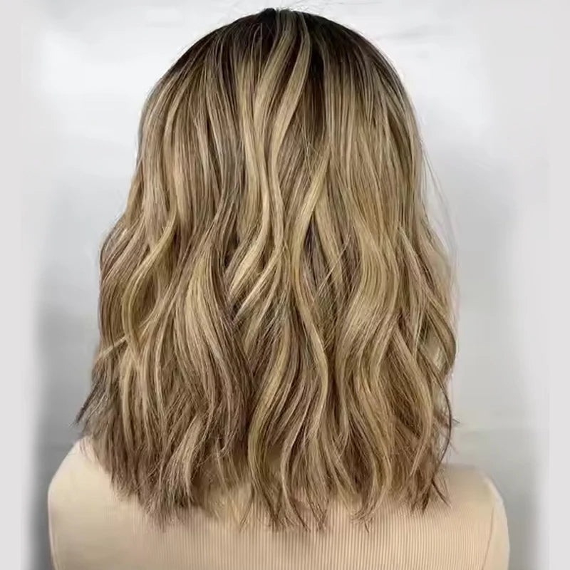 Authentic European Blonde Synthetic Wigs Brown Root short Hair Style Wig Jewish Hair 13x4 Lace Front Wig For Women Daily Party Use
