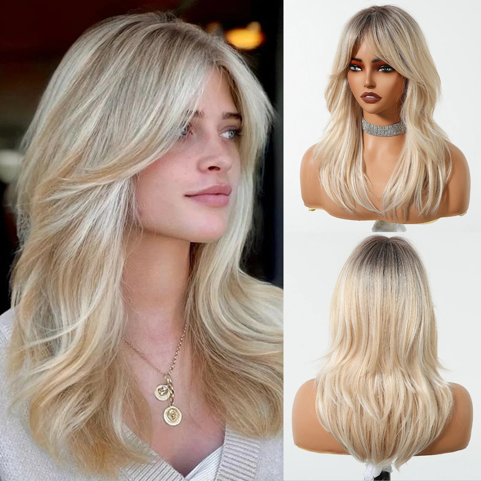 Golden Blonde Mixed Synthetic Wig Dark Root Wavy Hair With Side Bangs for Women Daily Party Cosplay wig Heat Resistant Fiber