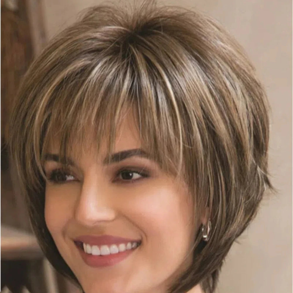 Short Hair Wigs with Bangs Dark Brown Mixed Blonde Pixie Cut Wig for Women Straight Synthetic Fiber Wigs Hair