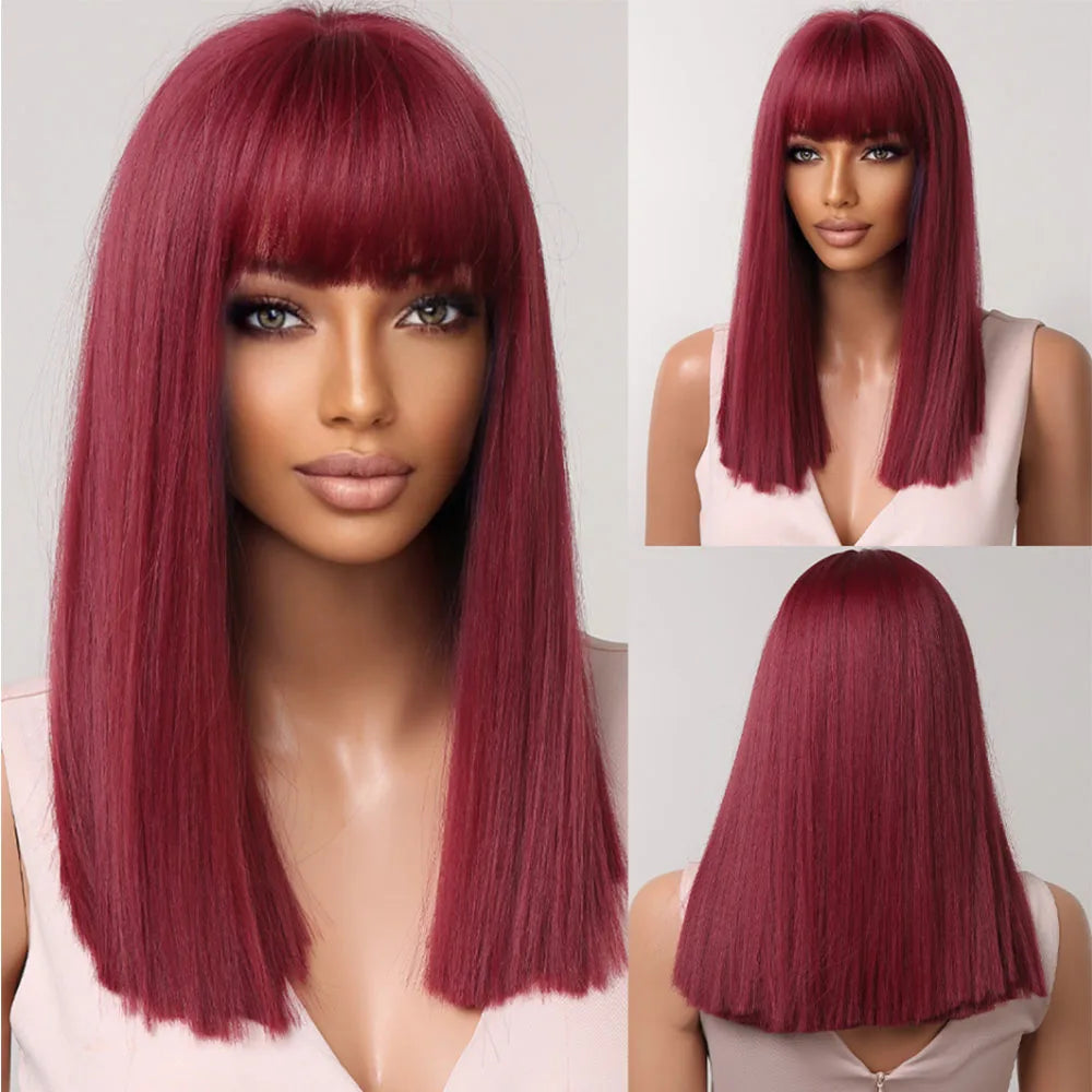 Straight Black Bob Synthetic Wig with Bangs Medium Long Cosplay Layered Hair Wigs for Woman Natural Hair Daily Wigs Hair Style Heat Resistant