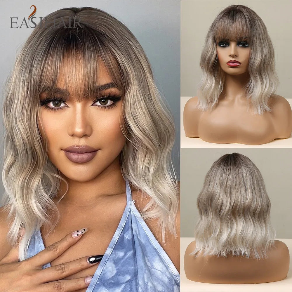 EASIHAIR Synthetic Bob Wig with Bang Short Straight Light Blonde Beige Natural Wigs Hair for Women Daily Cosplay Heat Resistant