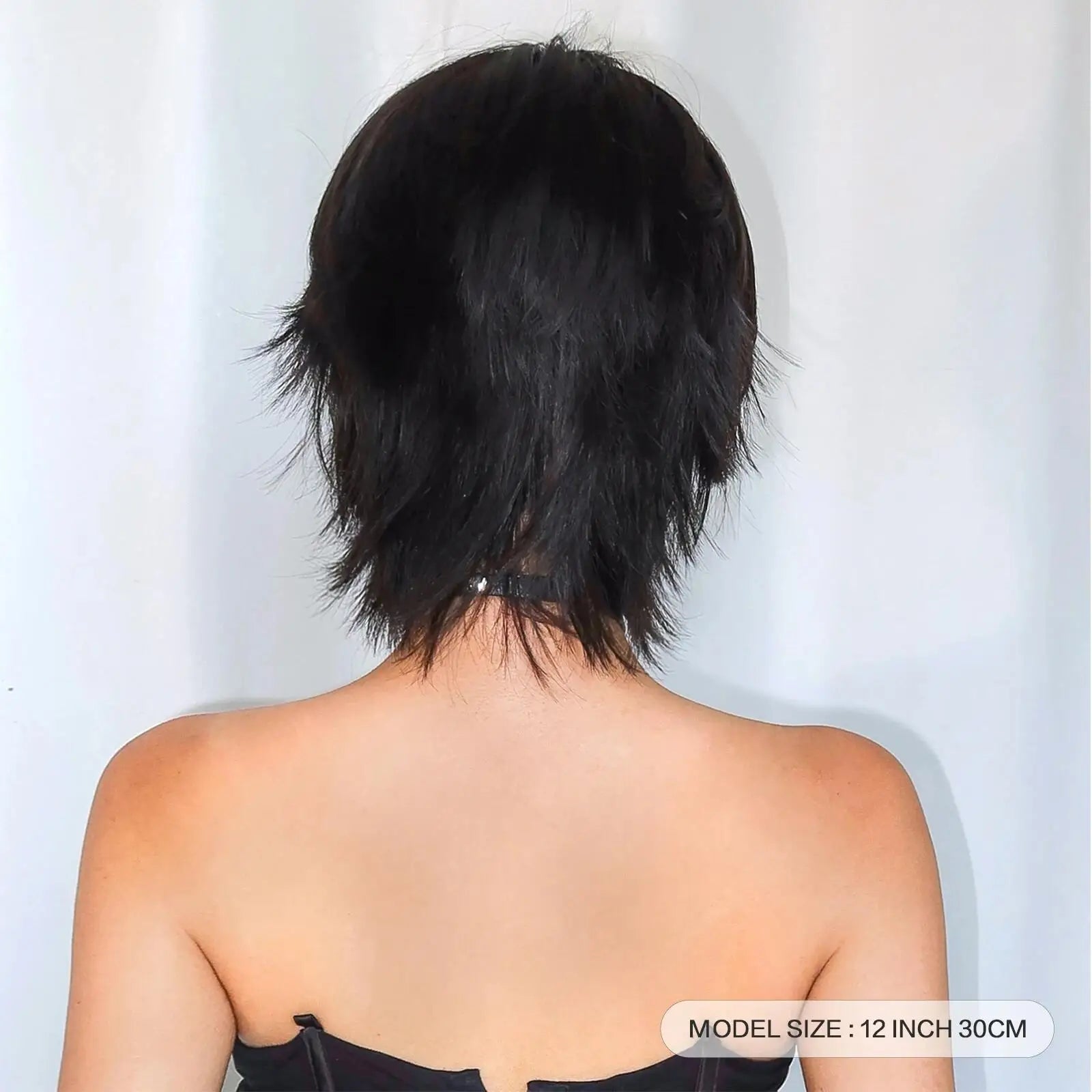 12 inch short salmon head wig with bangs, women's short straight black synthetic wigs, party daily use elf cut short wigs for Women of Wigs Extension and Accessories