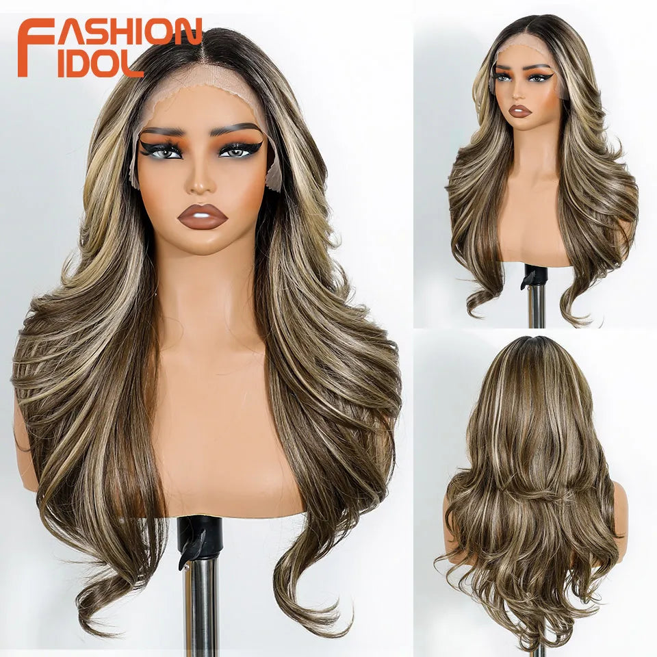 FASHION IDOL 24 Inch Long Loose Body Wavy Lace Front Wigs For Women Hair Style Pre-Cut Pre Plucked Lace Hair Wigs Ombre Blonde White Cosplay Wig