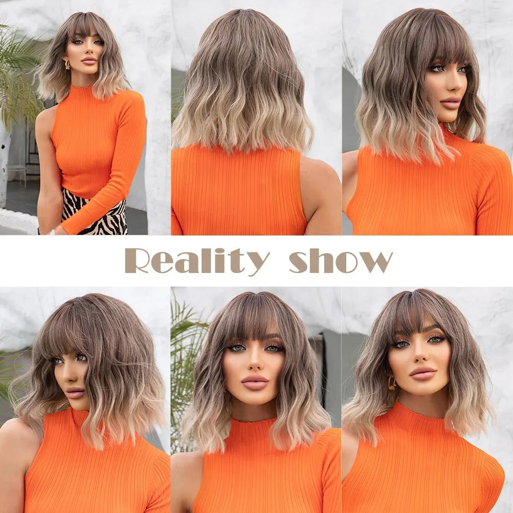 Women Grey Wavy Bob Wigs with Bangs Short Blonde Ombre Synthetic Hair Wigs With with Dark Roots Natural Hair Style for Women Daily Use