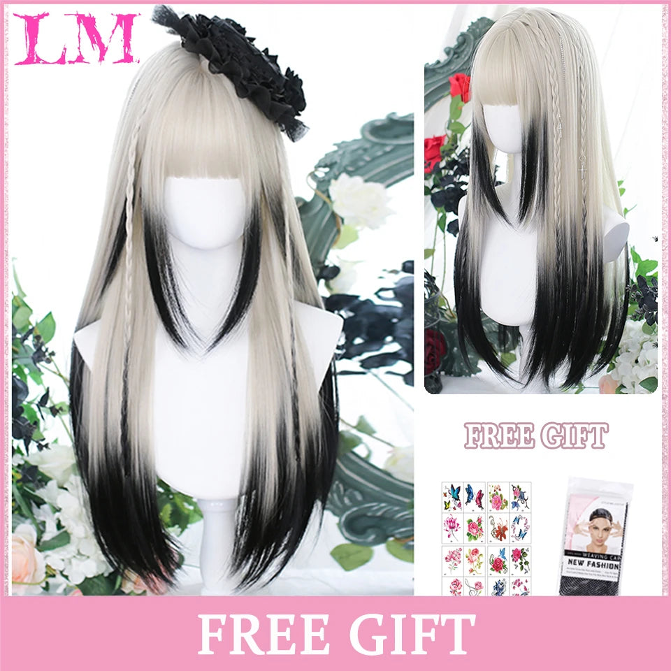 LM Cosplay Wig With Bangs Synthetic Straight Hair Wigs 24 Inch Long Heat-Resistant Pink Hair Style For Women