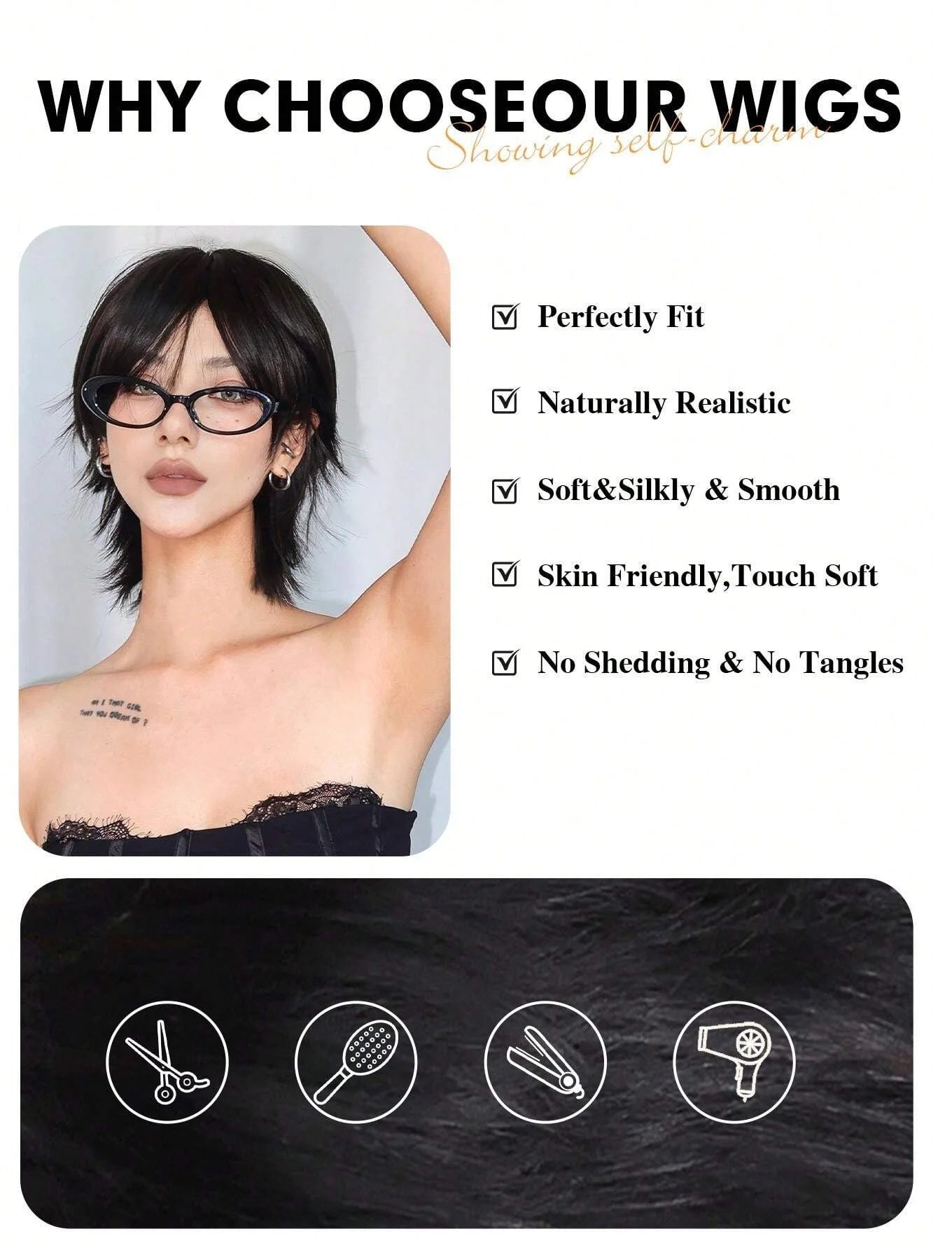 12 inch short salmon head wig with bangs, women's short straight black synthetic wigs, party daily use elf cut short wigs for Women of Wigs Extension and Accessories