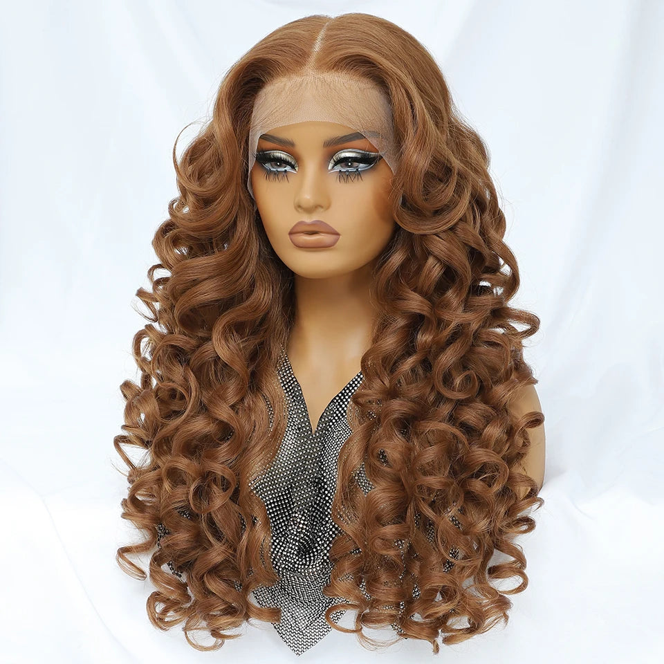 Latisha HD Synthetic Lace Front Wigs Curly Pre Plucked Lace Frontal Wig with Bangs for Women Highlight with Babyhair 24Inch Wigs