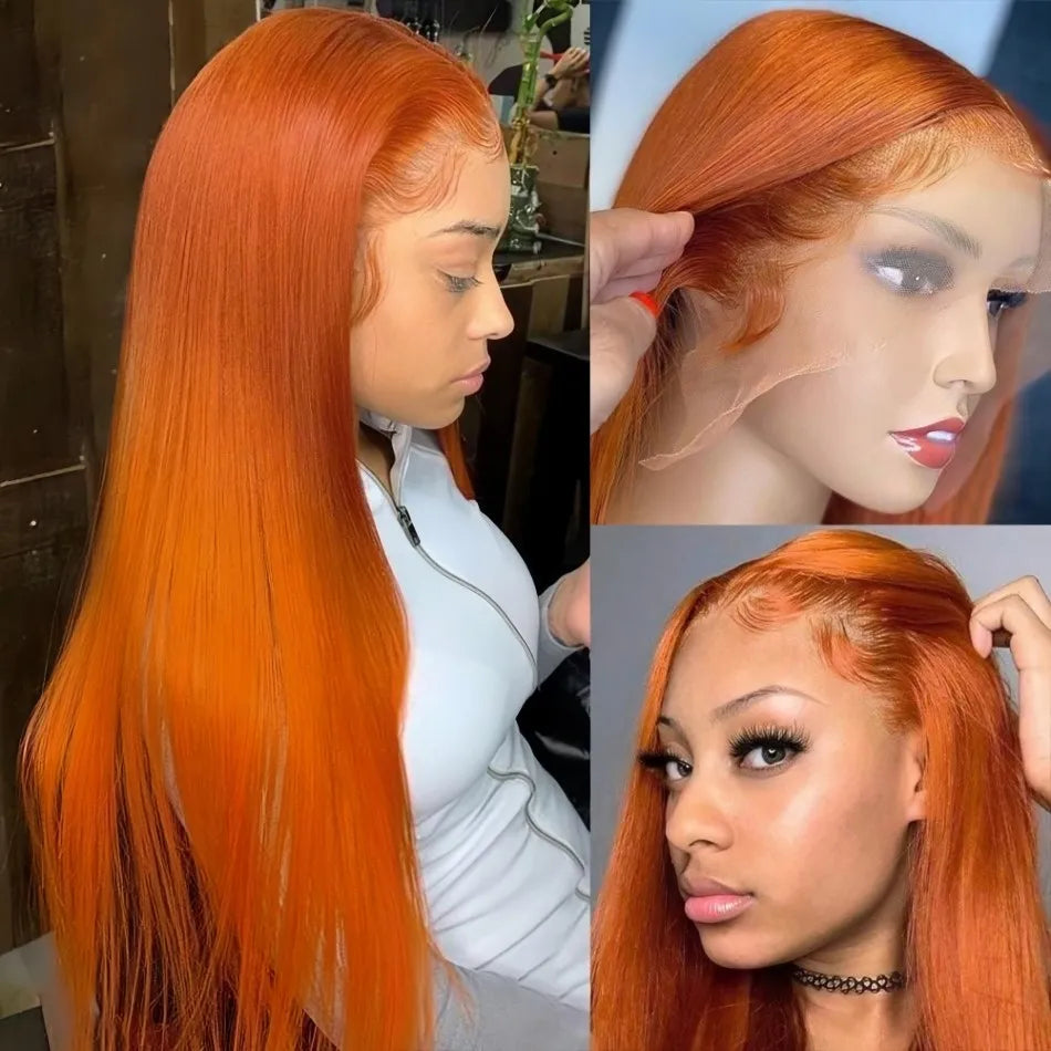 Ginger Orange Straight 13X6 Hd Lace Front Human Hair Wig 100% 220 Density 36 Inch Wigs #350 Colored Pre Plucked Brazilian Wigs