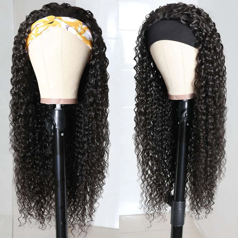Jerry Curly Headband Human Hair Wig Brazilian Virgin Hair Perfect Natural Afro Look No Lace Needed 250% Scarf Machine Made Wig