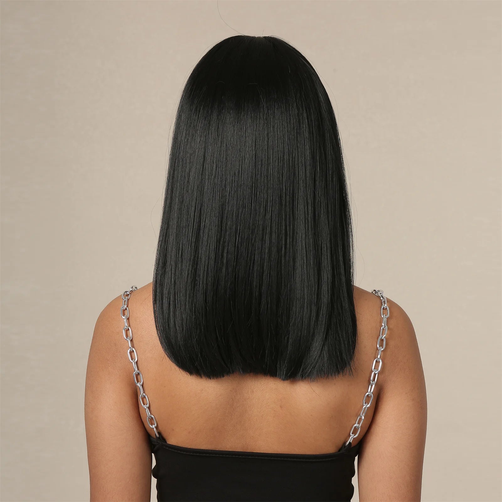 Straight Black Bob Synthetic Wig with Bangs Medium Long Cosplay Layered Hair Wigs for Woman Natural Hair Daily Wigs Hair Style Heat Resistant