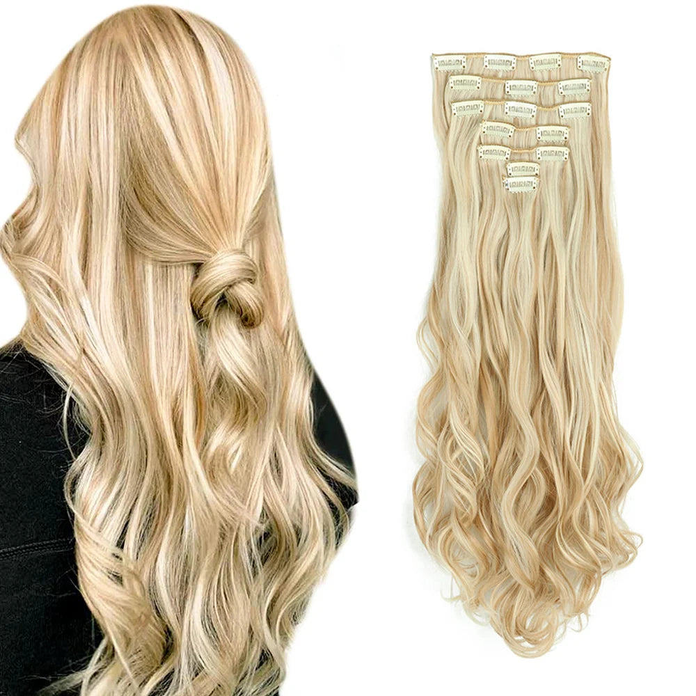 Clip In Wig Hair Extensions 7 PCS Full Head 22 Inch Long Curly Wavy Synthetic Hair Wigs Pieces Natural Wavy For Women Girls Hair Style