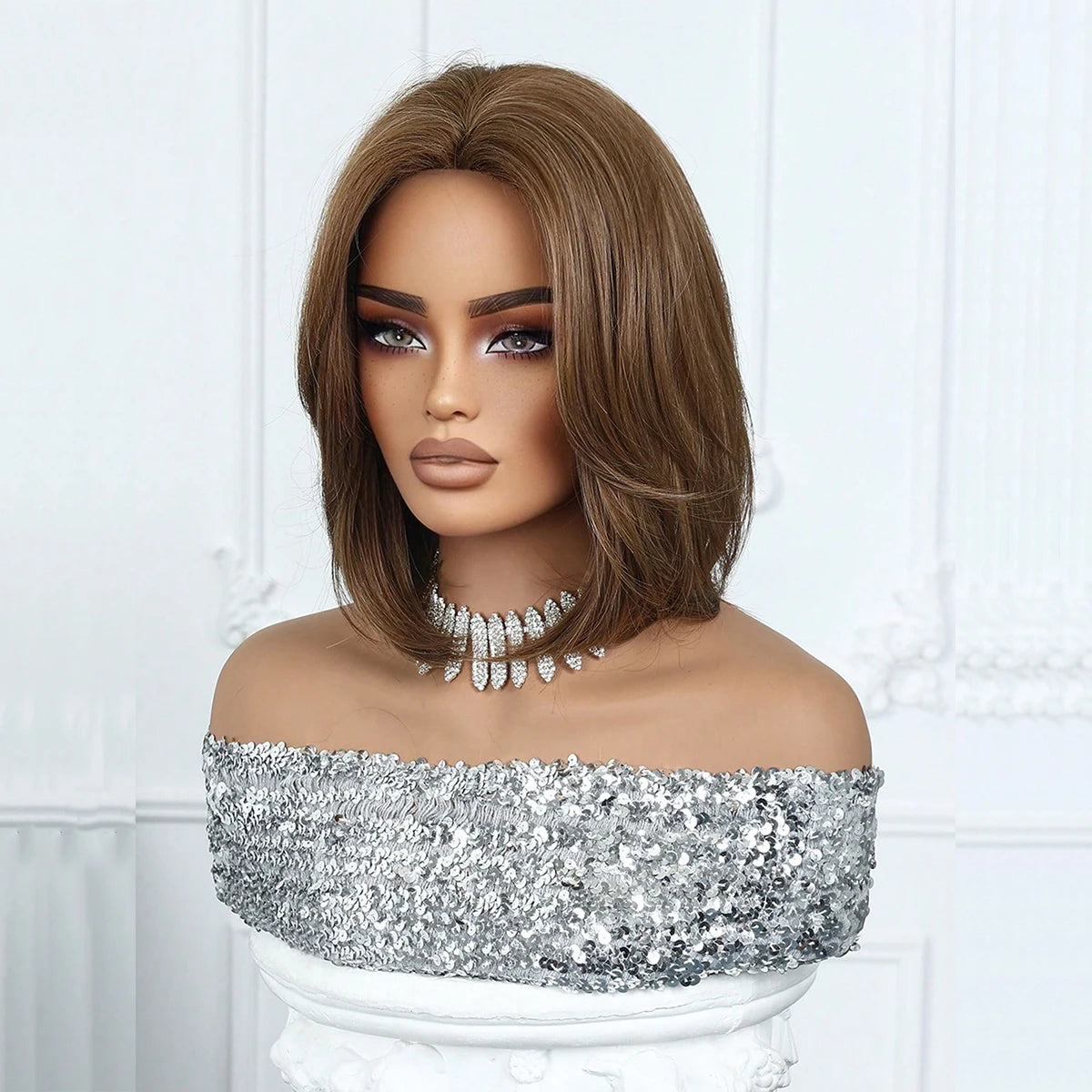 EASIHAIR Short Straight Bob Hair Wigs Synthetic Wig for Women Brown Straight Natural Wigs with Eight Character Daily Cosplay for Women Hair Style