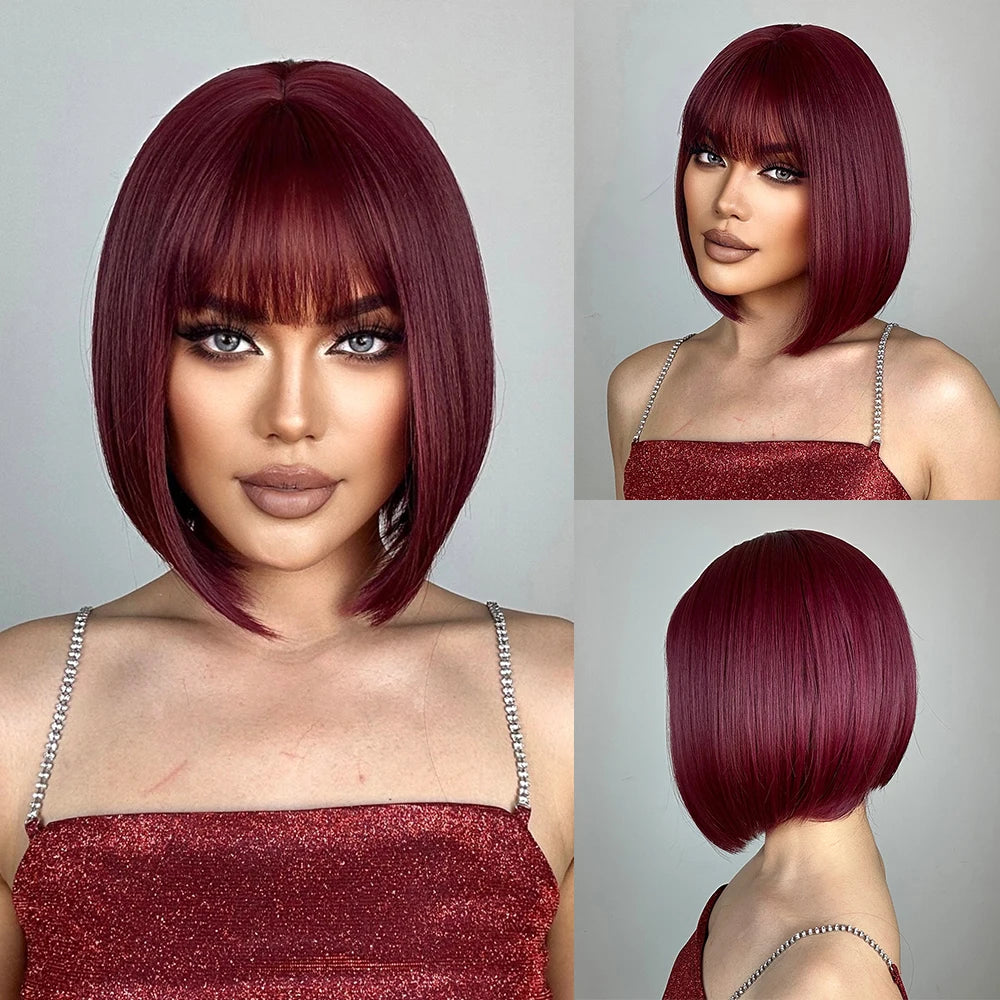 Short Straight Bob Synthetic Wigs Pink Natural Hair Wig with Bangs for Women Cosplay Cute Hair Style Heat Resistant Fiber