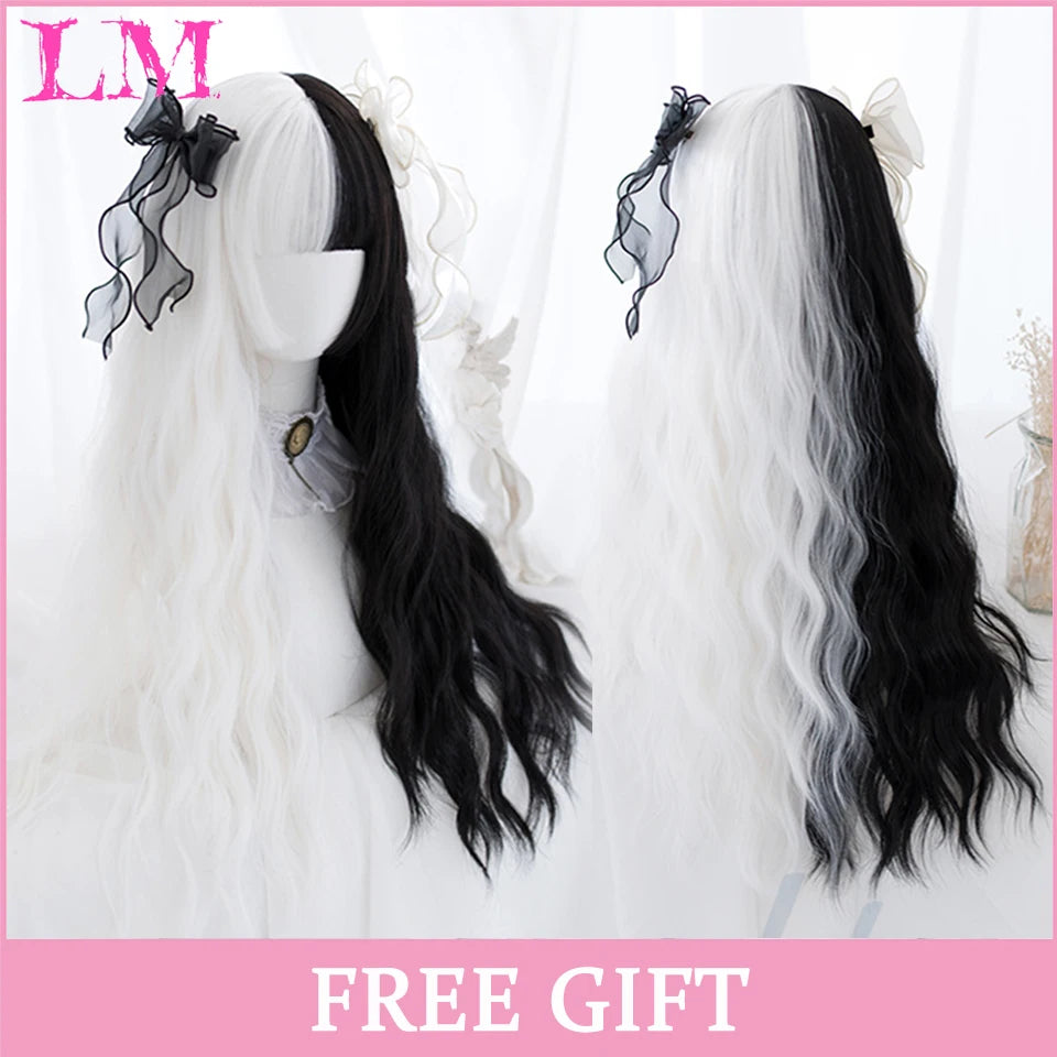 LM Cosplay Wig With Bangs Synthetic Straight Hair Wigs 24 Inch Long Heat-Resistant Pink Hair Style For Women