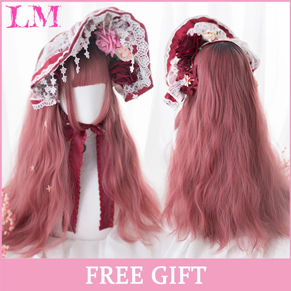 LM Cosplay Wig With Bangs Synthetic Straight Hair Wigs 24 Inch Long Heat-Resistant Pink Hair Style For Women